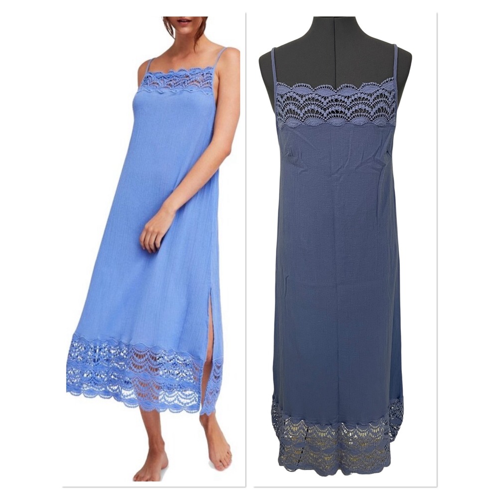 Free People Intimately Abbie Blue Cotton Crochet Lace Trim‎ Slip Midi Dress M